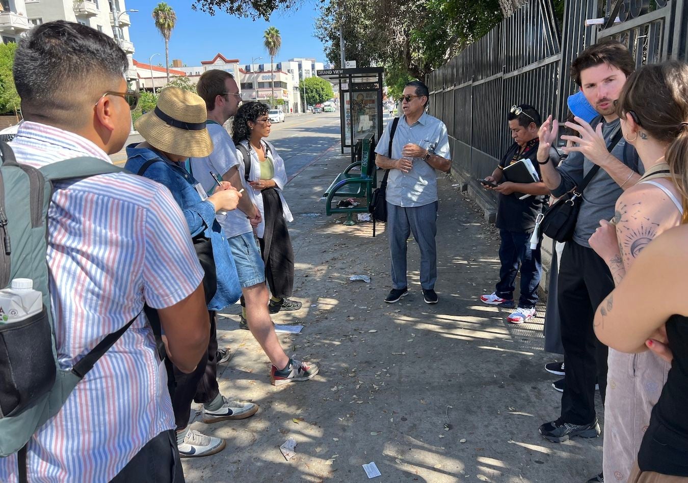 Gustavo Leclerc of UCLA’s Department of Architecture and Urban Design (center) and students, who conducted research with community partners Maya Vision and Heart of Los Angeles on the Indigenous heritage of the Westlake MacArthur Park neighborhood.