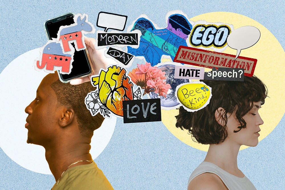 A digital collage featuring two people in profile facing away from each other against a light blue textured background. They are surrounded by various graphic stickers and text bubbles containing words such as 'modern day,' 'ego' 'misinformation', 'hate speech', 'love' and 'be kind'.